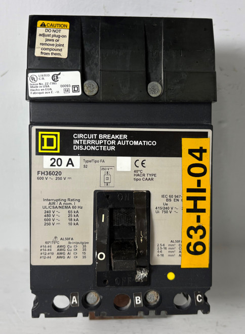 Square D I-Line FH36020 20A Circuit Breaker 480/600V 3 Pole Type FA 20 Amp HACR (EM5818-2)