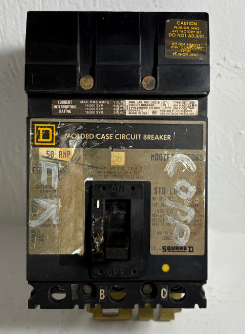Square D I-Line FA36050 50A Circuit Breaker 480/600V Type FA 3P 50 Amp bad label (EM5819-1)