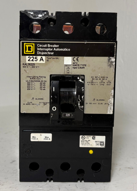 Square D KAL36225 225A Circuit Breaker 600V Type KAL 3 Pole 225 Amp HACR flaw (EM5838-1)