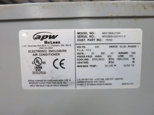 McLean M52-0826-015H Electronic Enclosure Air Conditioner 230V 8000 BTU 2340W (DW7970-6)