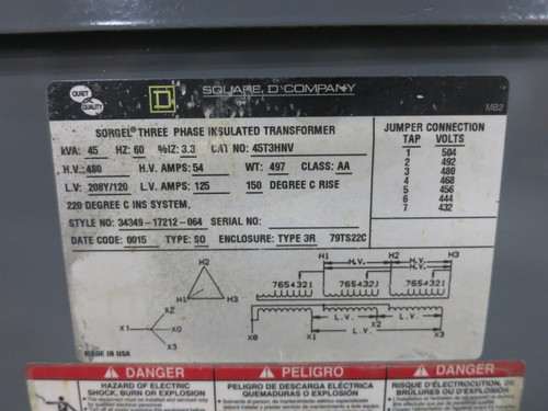 Square D 45 kVA 480 Delta - 208Y/120 V 3PH Dry Type Transformer 45T3HNV 480V 3R (DW7980-1)