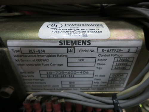 Siemens RLF-800 800A Air Breaker LSIG Static Trip III RMS-TSIG-TZ-CP 800 Amp (DW7975-1)