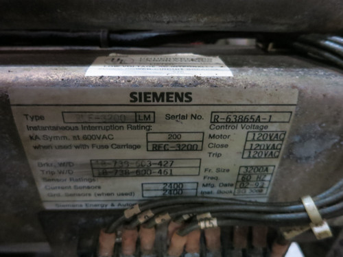 Siemens RLF-3200 3200A Air Breaker LSIG Static Trip III RMS-TSIG-TZ-C 3200 Amp (DW7974-1)