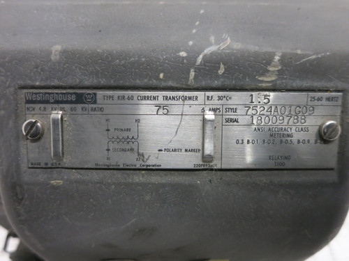Westinghouse 7524A01G09 Type KIR-60 Current Transformer Ratio 75:5 Amp CT KIR60 (DW8021-1)