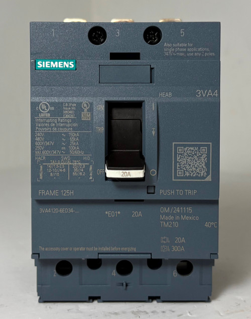 NEW Siemens 3VA4 125A Circuit Breaker w/ 20 Amp Trip 3VA4120-6ED34-0AA0 125H NNB (EM5876-1)