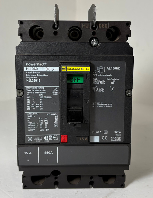 Square D HJL36015 15A PowerPact Circuit Breaker HJ 060 600V 3 Pole HJ060 15 Amp (EM5882-1)