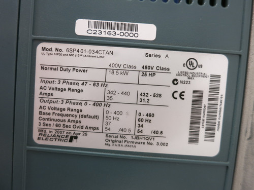 Reliance Electric 6SP401-034CTAN 25 HP VTAC9 AC VS Drive 480V VFD 480 VAC VTAC-9 (DW8052-1)