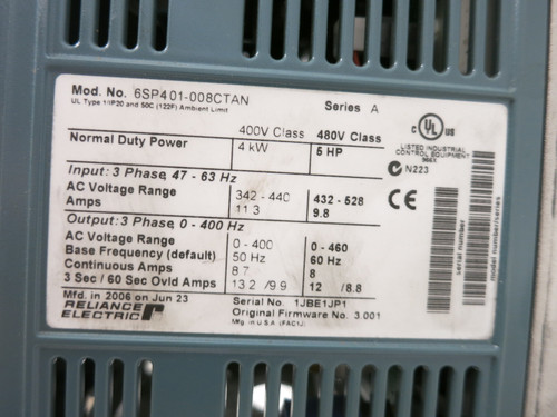 Reliance Electric 6SP401-008CTAN 5 HP SP600 AC VS Drive 480V VFD 480 VAC SP-600 (DW8057-1)