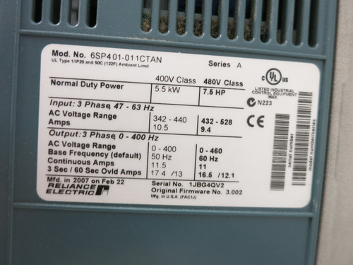 Reliance Electric 6SP401-011CTAN 7.5 HP SP600 AC VS Drive 480V VFD 480 VAC (DW8055-1)