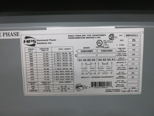 HPS 25 kVA 240x480 to 120/240 V 1PH Dry Type Transformer NMF025LE 480V Single 3R (DW8064-1)