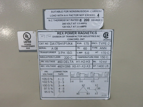 REX 175 kVA 460 Delta to 460Y/266 V 3PH Dry Type Transformer DA175H1P1/K4 460V (DW8062-1)