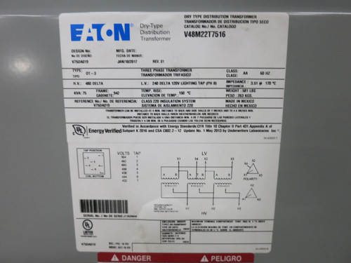 Eaton 75 kVA 480 Delta to 240 Delta V 3PH Dry Type Transformer 480V - 240V DT-3 (DW8061-2)