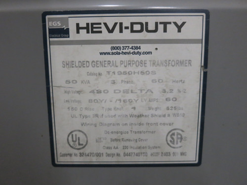 Hevi-Duty 50 kVA 120Y/69 - 480 Delta 3PH Step-Up Transformer T1950H50S 120V 480V (EBI2378-1)