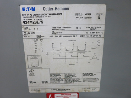 Eaton 75 kVA 240 Delta to 208Y/120 V 3PH Dry Type Transformer 240V 208 DT-3 (DW8065-1)