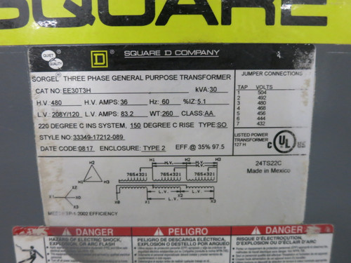 Square D 30 kVA 480 Delta to 208Y/120 V 3PH Dry Type Transformer EE30T3H 30T3H (DW8075-1)