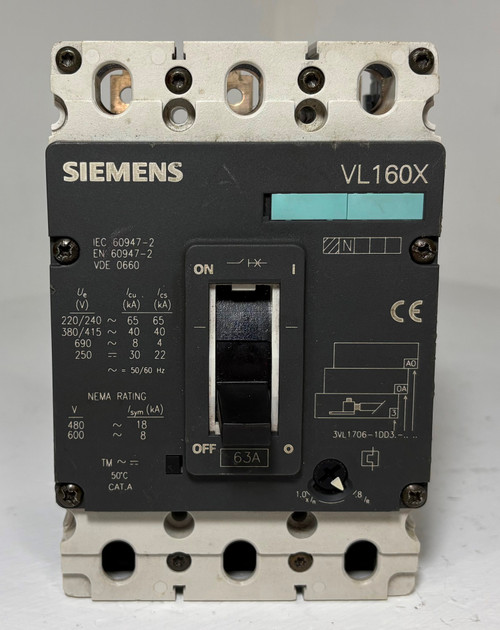 Siemens VL160X 63A Circuit Breaker 3VL1706-1DD33-0AA0 480/600V 3 Pole 63 Amp (EM5895-1)