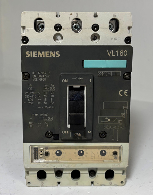 Siemens VL160 63A Circuit Breaker 3VL2716-2AA31-0AA0 480/600V 3 Pole 63 Amp (EM5897-1)
