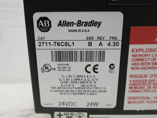 Allen Bradley 2711-T6C8L1 Ser B FRN 4.30 PanelView 600 Terminal Screen Touch HMI (DW8098-1)