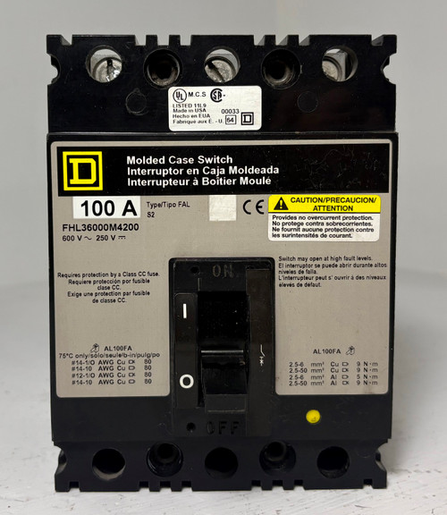 Square D FHL36000M4200 100A Molded Case Switch Type FAL 3P 480/600V 100 Amp HACR (EM5905-1)