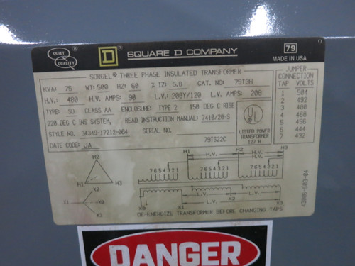 Square D 75 kVA 480 Delta to 208Y/120 V 3PH Dry Type Transformer 75T3H 480V 208 (DW8102-1)