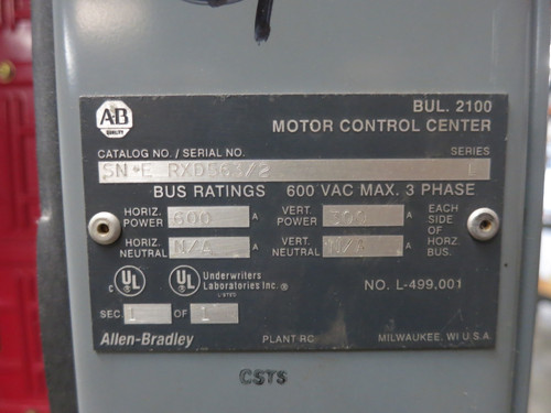 Allen Bradley Centerline 2100 600/300 Amp 1x MCC Section Motor Control Center (DW8110-1)