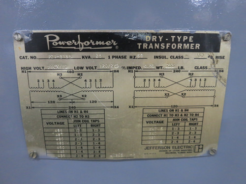 Powerformer 25 kVA 240x480 to 120/240 V 1PH Dry Type Transformer 221-3185 3R (DW8115-1)