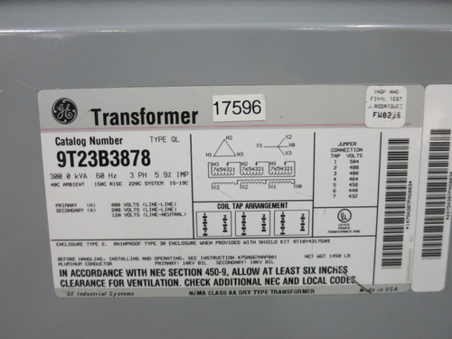 GE 300 kVA 480 Delta to 208Y/120 V 3PH Dry Type Transformer 9T23B3878 480V 208 (DW8142-1)