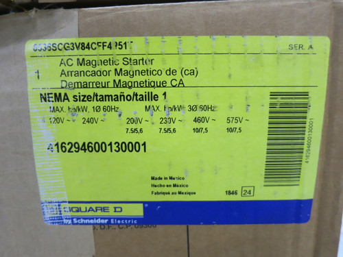 NEW Square D 8536SCO3S Enclosed Size 1 Motor Starter 120V Coil 8536SC03S 208V CT (DW8151-4)
