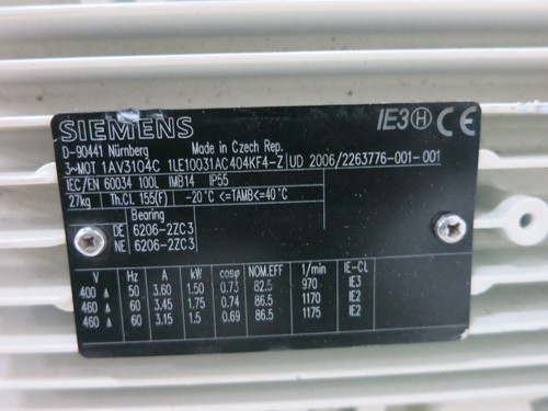 NEW Siemens 1LE10031AC404KF4-Z 1.75 kW AC Motor 400/460V 1AV3104C 2 HP 1170 RPM (DW8157-1)