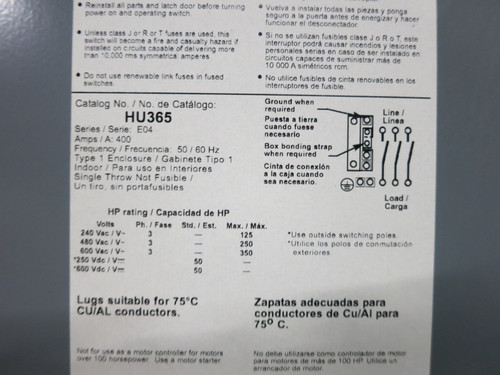 Square D HU365 400A 600V Non-Fusible Safety Switch Disconnect 400 Amp HU-365 E04 (DW8176-1)