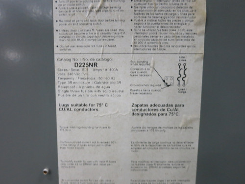 Square D D225NR 400A 240V Fusible Safety Switch Disconnect 400 Amp 2-Pole 3R E01 (DW8191-1)