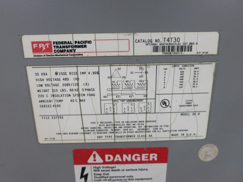 FPT 30 kVA 480 Delta to 208Y/120 V 3PH Dry Type Transformer T4T30 480V - 208 (DW8199-1)