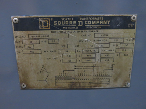 Square D 45 kVA 480 Delta to 208Y/120 V 3PH Transformer 45T3H 480V - 208 (DW8221-1)