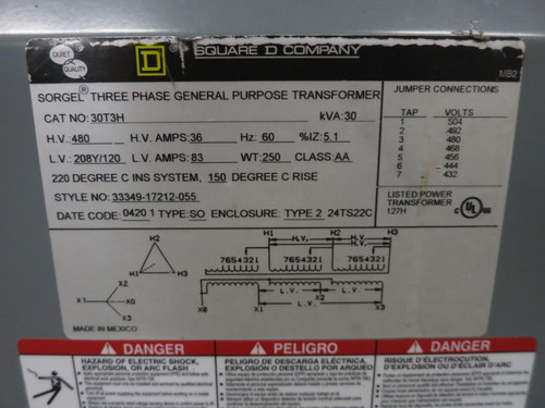 Square D 30 kVA 480 Delta to 208Y/120 V 3PH Dry Type Transformer 30T3H 480V 208 (DW8219-1)