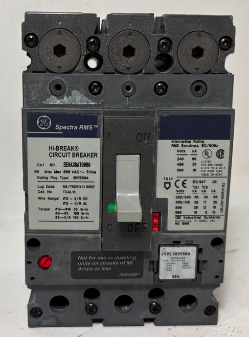 GE SEHA36AT0060 60A Spectra Circuit Breaker w/ 50 Amp Plug 3P General Electric (EM5918-2)