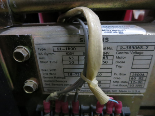 Siemens RL-1600 1600A Air Circuit Breaker Static Trip III RMS-TS-TZ MO RL1600 LS (DW8243-1)