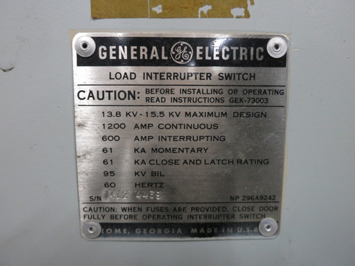 GE 15 kV 1200A Fusible Load Break Interrupter Switch 1200 Amp Cont 600A PIF (DW8245-1)