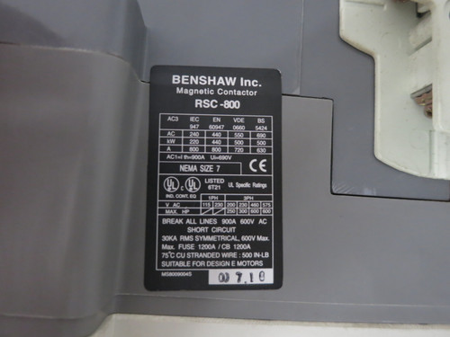 Benshaw RSC-800 Size 7 Magnetic Motor Contactor 3PH 600 HP 120V Coil 800A Sz7 (DW8258-1)