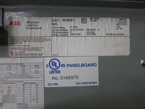 NEW ABB ASF3601MB 125A 480/277 MLO ReliaGear Lighting Panel Board 125 Amp 3PH 4W (DW8280-1)
