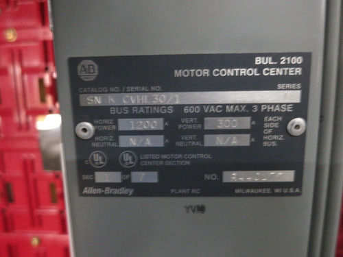 Allen Bradley Centerline 2100 1200/300 Amp 3x MCC Section Motor Control Center (DW8304-1)