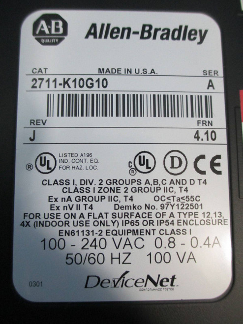 NEW Allen Bradley 2711-K10G10 PanelView 1000 AB 2711K10G10 Ser A Rev J FRN 4.10 (EBI0353-1)