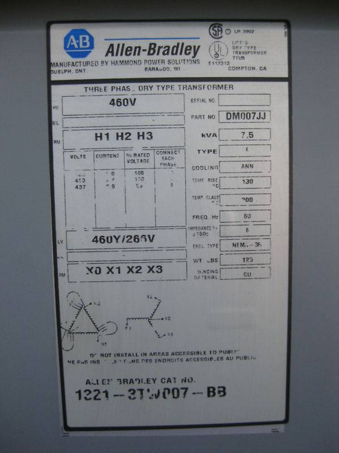 AB 1321-3TW007-BB 7.5kVA Isolation Transformer 7.5 kVA 460/460Y/266 3R 460 266 V (EBI0010-2)