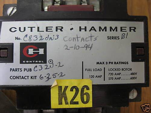 Cutler Hammer C832DN3 120 Amp Motor Contactor Series B1 Coil 120V (EBI0824-1)