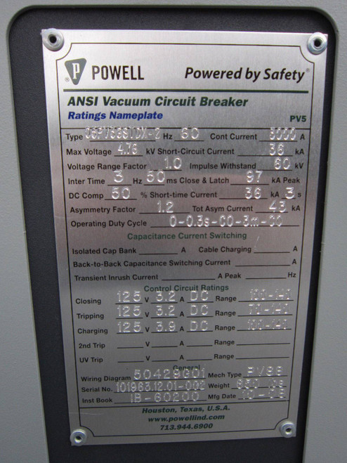 Powell Electrical 3000A 5kV 05PV36STDX-2 Powl-Vac Vacuum Circuit Breaker PowlVac (EBI3285-2)