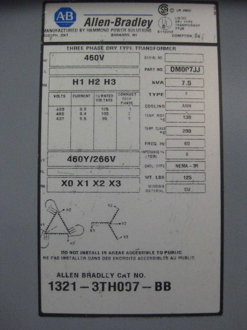 AB 1321-3TH007-BB 7.5 kVA Isolation Transformer 7.5kVA 460/460Y/266 3R 460 266 V (EBI0009-3)