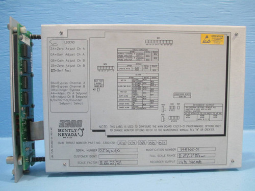 Bently Nevada 3300/20-XX-XX-03-00-00 Dual Thrust Monitor 330020 75 mils 200 mV (NP0023-6)