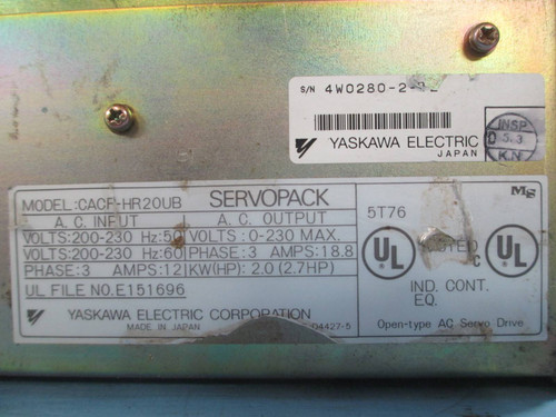 Yaskawa CACR-HR20UB ServoPack CACR-HR20 UB Servo Pack Drive 2.7 HP 2 KW Control (NP0108-4)