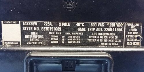 Westinghouse JA2225W 225 Amp 2 Pole Circuit Breaker CH Cutler Hammer JA2225 JA (EM0247-2)