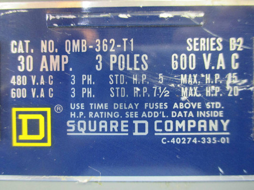 Square D QMB-362-T1 QMB 30 Amp 600 VAC Fusible Branch Switch D2 Series QMB362T1 (TK0273-133)