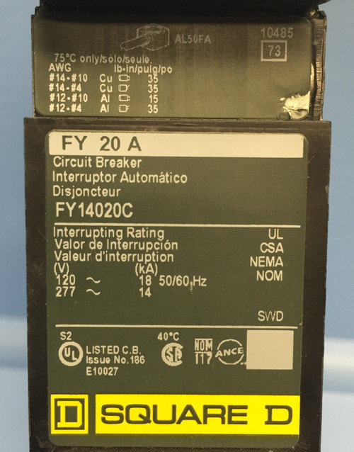 Square D I-Line FY14020C 20A Circuit Breaker Green Label 277V 1 Pole 20 Amp HACR (EM0544-1)